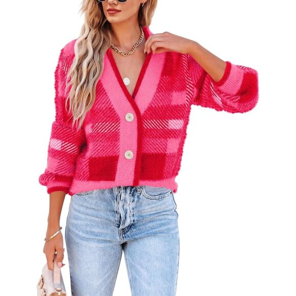 Sweaters - Women's Plaid Knit Cardigan Small Cozy V Neck Button Long Sleeve Fall